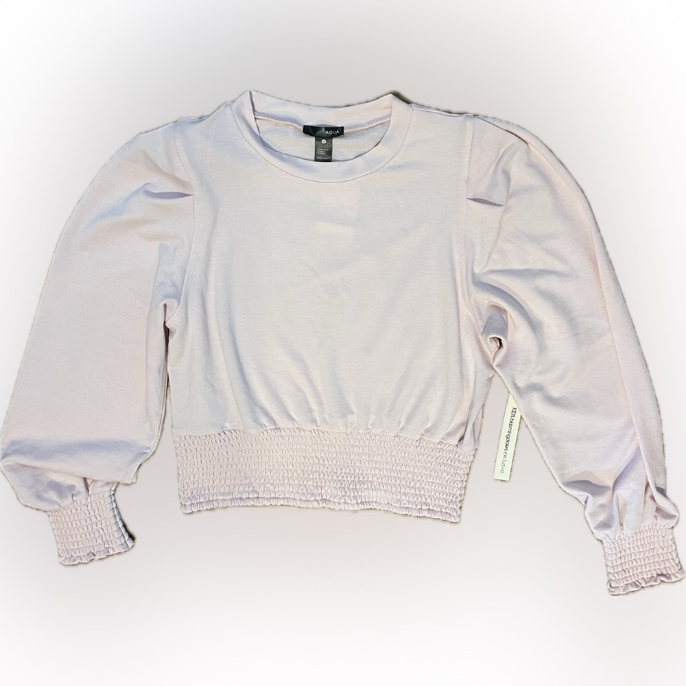 Aqua Bloomingdale’s soft sweatshirt material light pink shirt. NWT